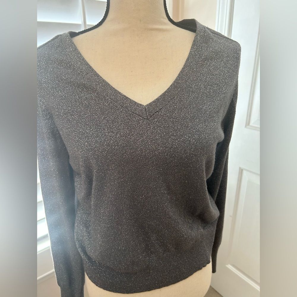 V neck silver metallic sweater, L, Talbots